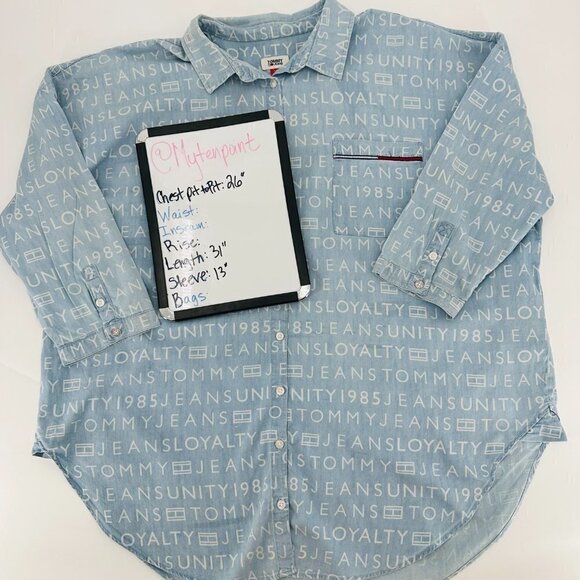Tommy Hilfiger Chambray Spell Out 3/4 Sleeve Relaxed Y2K Button Front Large Top - Picture 5 of 7